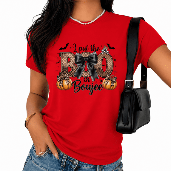 Cozymy i put the BOO in Boujee Halloween Graphic Tee Short Sleeve Crew Neck Holiday Print Shirt