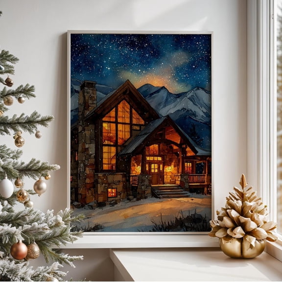 Cozyposter – Wall Art, Festive Mountain, Winter Home Poster, Stretched Canvas Size 16x24