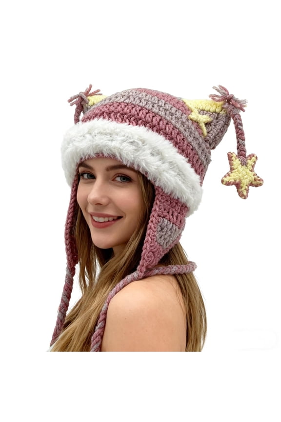 Cat Ear Beanies for Women, Hand-Knitted Star Striped Crochet Y2k Hat, Fall Winter Gothic Emo Grunge Accessories