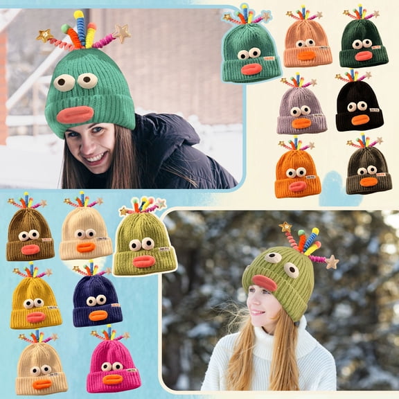 Cozyvia Cute Cartoon Quirky Wool Cap, Knitted Wool Padded Warm Ear Protection Hat, Christmas Funny Cartoon Sausage Mouth Hat