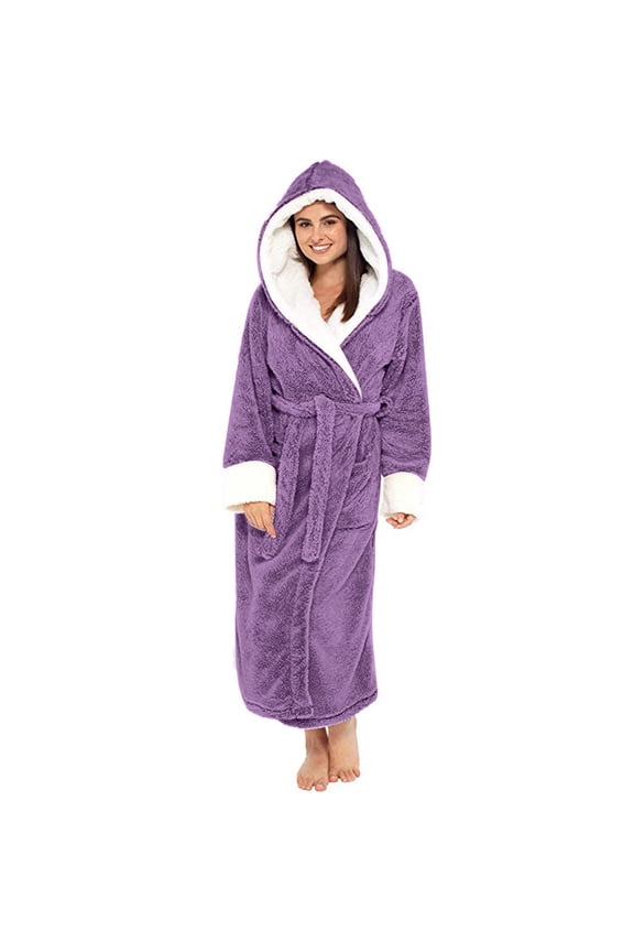 Fleece Bathrobe for Women Plus Size Soft Plush Hooded Long Robe Fluffy Warm Thick Kimono Robes Oversize Shaggy House Coat - Purple XXL