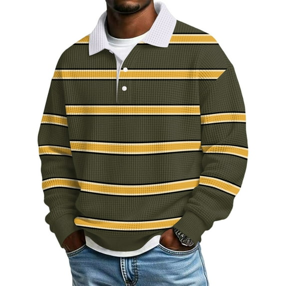 Cozyvia Men's Long Sleeve Striped Polo Shirts, Waffle Henley Shirts with Collar, Oversized Casual Button Up Shirt Golf Polo Shirts - Yellow 5XL