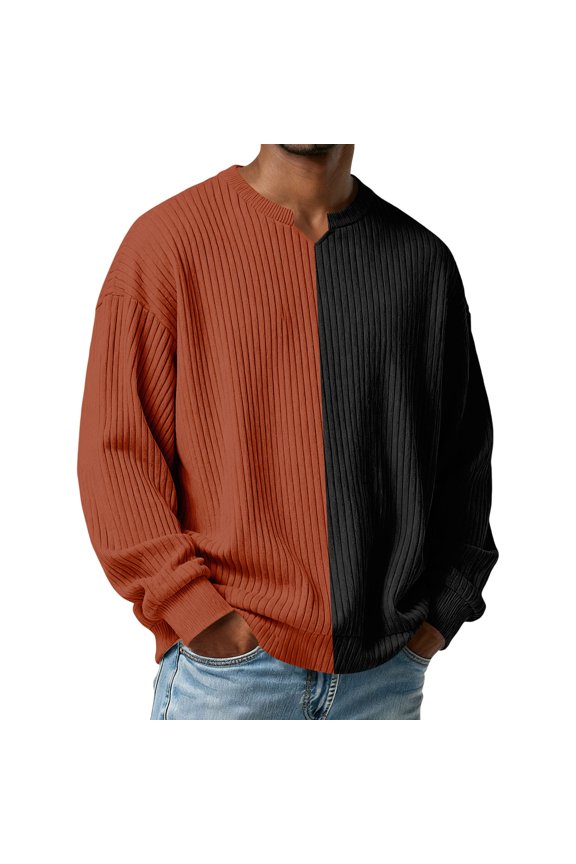 Men's Patchwork Sweatshirts Solid Vertical Striped Shirts Long Sleeve V Notch Neck Top Ribbed Brushed Workout Shirt Casual Fit Thermal Comfy Plain Shirts - Saffron XL