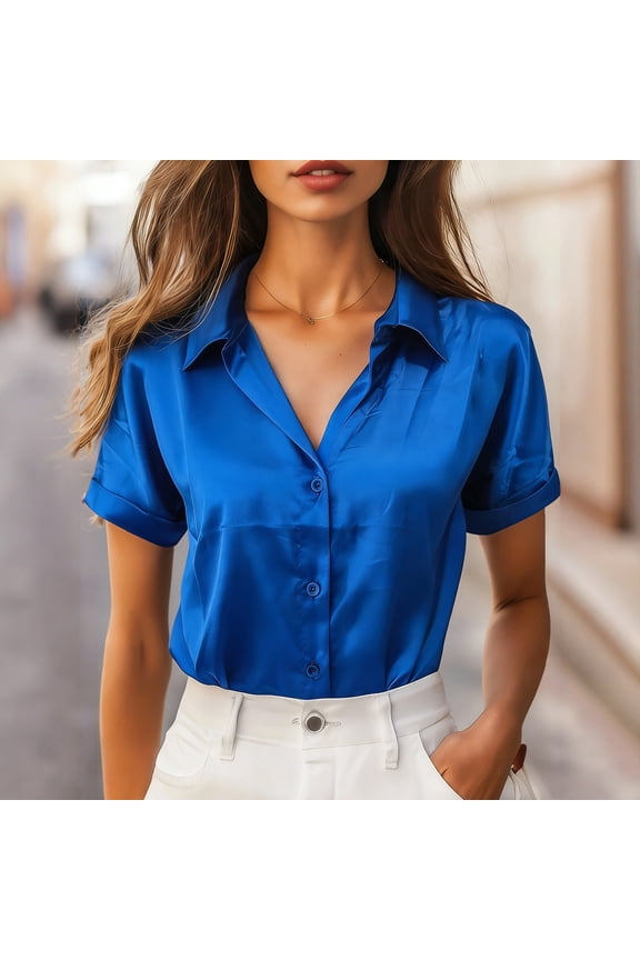 Silk Blouse for Women, Short Sleeve Satin Button Down Shirts Casual Loose V-Neck Business Work Tunic Tops, Elegant Silk Shirts Casual Tops Summer Luxury Blouses - Blue XXL