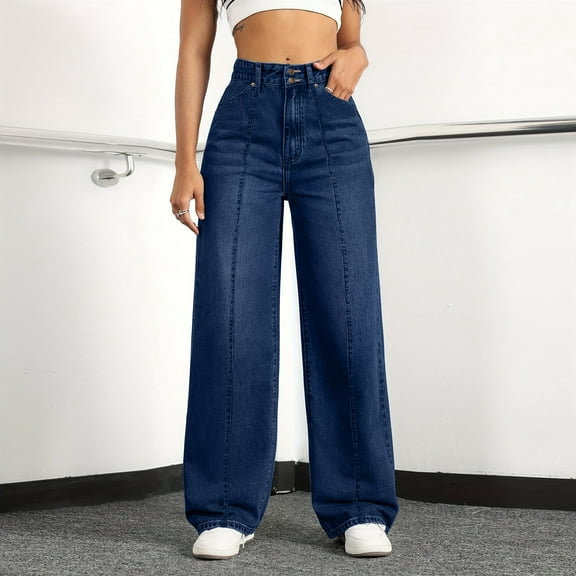 Cozyvia Straight Leg Jeans for Women, High Waisted Wide Leg Loose Boyfriend Denim Pants, Stretchy Y2K Baggy Jeans for Women - Dark Blue S