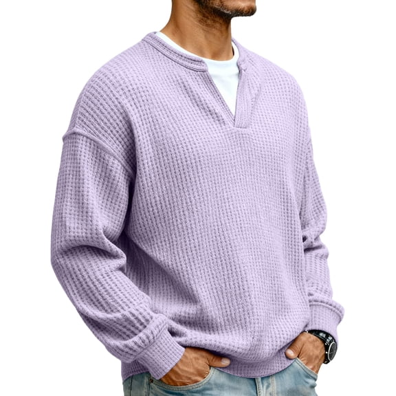 Cozyvia Waffle Sweatshirts for Men, Casual V-Neck Waffle Knitted Pullovers, Fall Ribbed Long Sleeve Loose Pullover Tops Lightweight Trendy Sweatshirts - Purple M