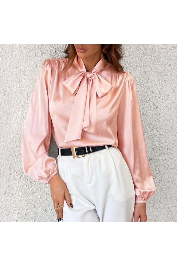 Women's Bow Tie Neck Button Down Shirts Silk Blouses Long Sleeve Elegant Satin Blouse Casual Dressy Business Tops - Pink M