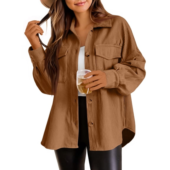 Cozyvia Women's Casual Long Sleeve Button Down Shirts Loose Corduroy Oversized Boyfriend Blouse Lightweight Jacket with Pockets - Light Brown L