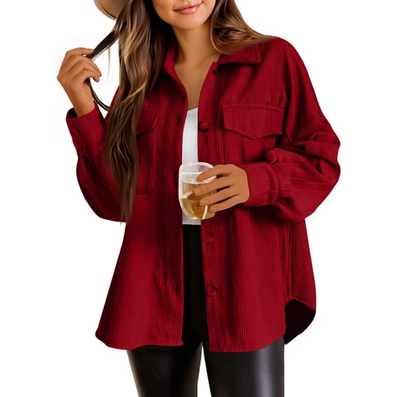 Cozyvia Women's Casual Long Sleeve Button Down Shirts Loose Corduroy Oversized Boyfriend Blouse Lightweight Jacket with Pockets - Red L