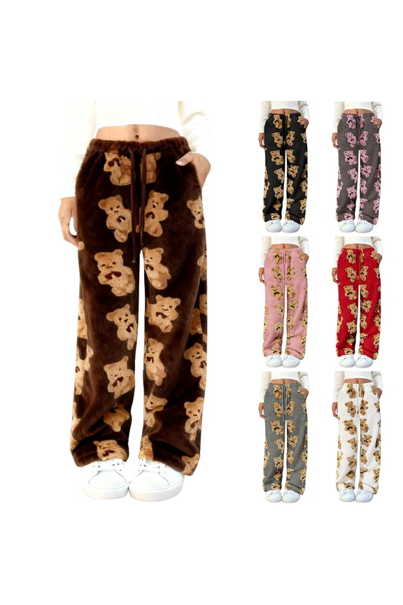 Women's Cute Bear Plush Pajama Pants, Soft Fluffy Fleece Warm Pjs Bottoms Sleepwear, Winter Comfy Fuzzy Lounge Pants - Black XL
