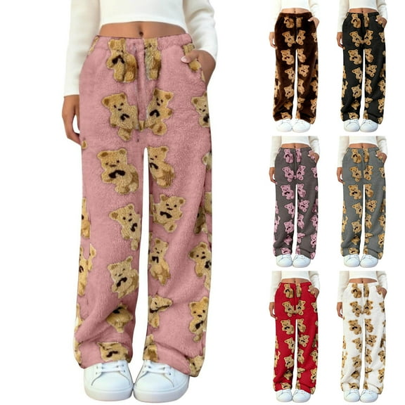 Cozyvia Women's Cute Bear Plush Pajama Pants, Soft Fluffy Fleece Warm Pjs Bottoms Sleepwear, Winter Comfy Fuzzy Lounge Pants - Black XXL