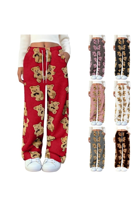 Women's Cute Bear Plush Pajama Pants, Soft Fluffy Fleece Warm Pjs Bottoms Sleepwear, Winter Comfy Fuzzy Lounge Pants - Red M