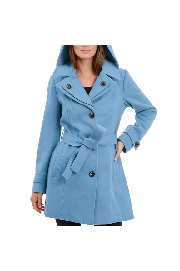 Women's Double Lapel Thigh Length Button Front Wool Coat with Belt - Blue M