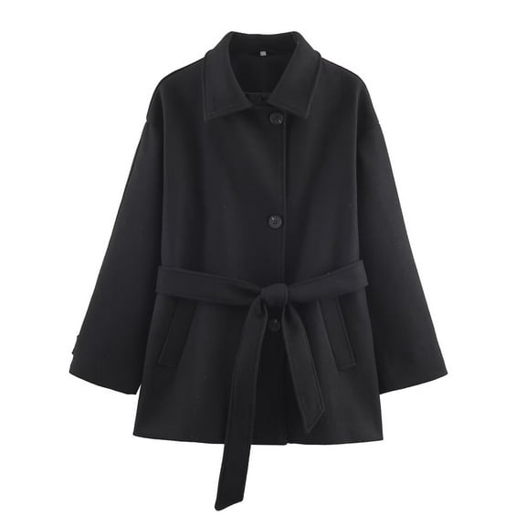 Cozyvia Women's Fall Solid Color Long Sleeve Basic Belted Coat Jacket - Black S