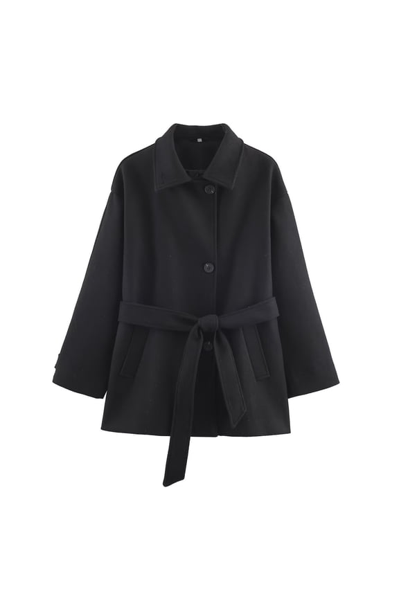 Women's Fall Solid Color Long Sleeve Basic Belted Coat Jacket - Black S