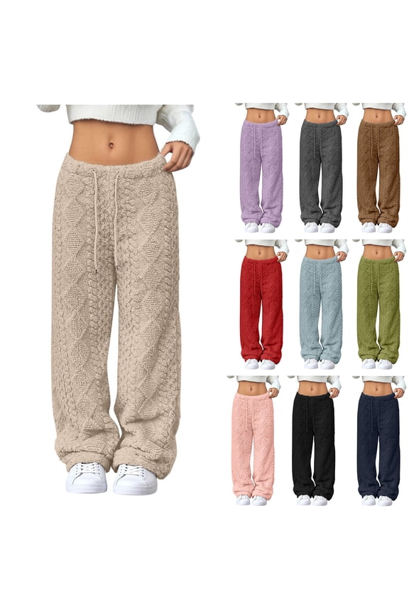 Women's Fleece Sweatpants Cable Knit Trouser Casual Elastic Waist Drawstring Wide Leg Ribbed Slouchy Lounge Fall Streetwear Pants Plush Fuzzy Warm Pajama Pants - Beige M