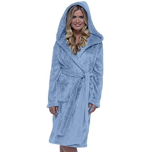 Cozyvia Women's Hooded Fleece Robe, Plush Fleece Long Bath Robe with Hood, Soft Warm SPA Bathrobe - Light Blue S