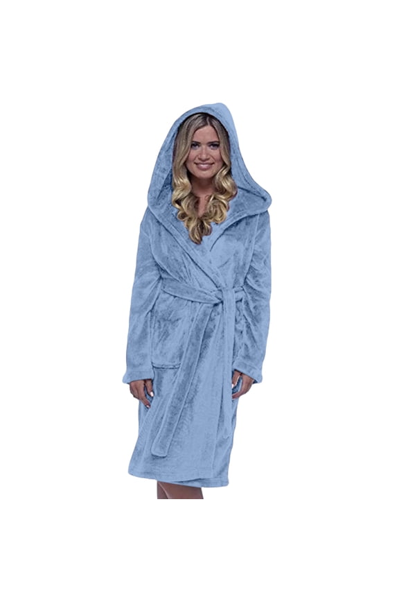Women's Hooded Fleece Robe, Plush Fleece Long Bath Robe with Hood, Soft Warm SPA Bathrobe - Light Blue S