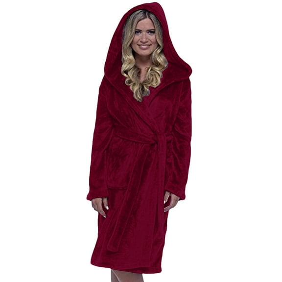Cozyvia Women's Hooded Fleece Robe, Plush Fleece Long Bath Robe with Hood, Soft Warm SPA Bathrobe - Wine S