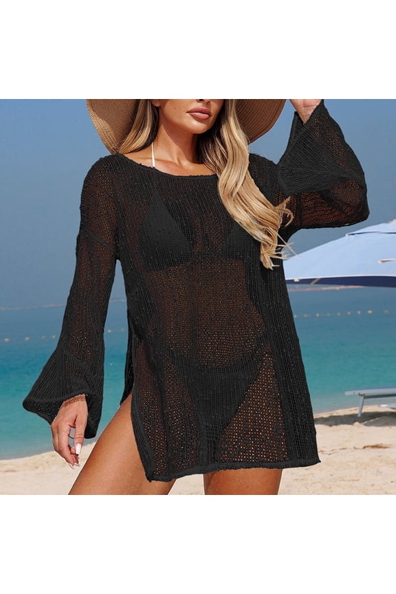 Women's Oversized Crochet Beach Cover Ups - Long Sleeve Crochet Sheer Kaftan for Women - Hollow Knit See Through Vacation Casual Mini Dresses - Black M