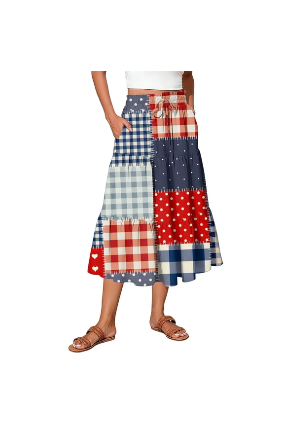 Women's Plaid Patchwork Skirt Full Length Checkered Boho Maxi Skirts Casual Loose Elastic High Waisted A Line Long Flowy Skirts - Blue XXL