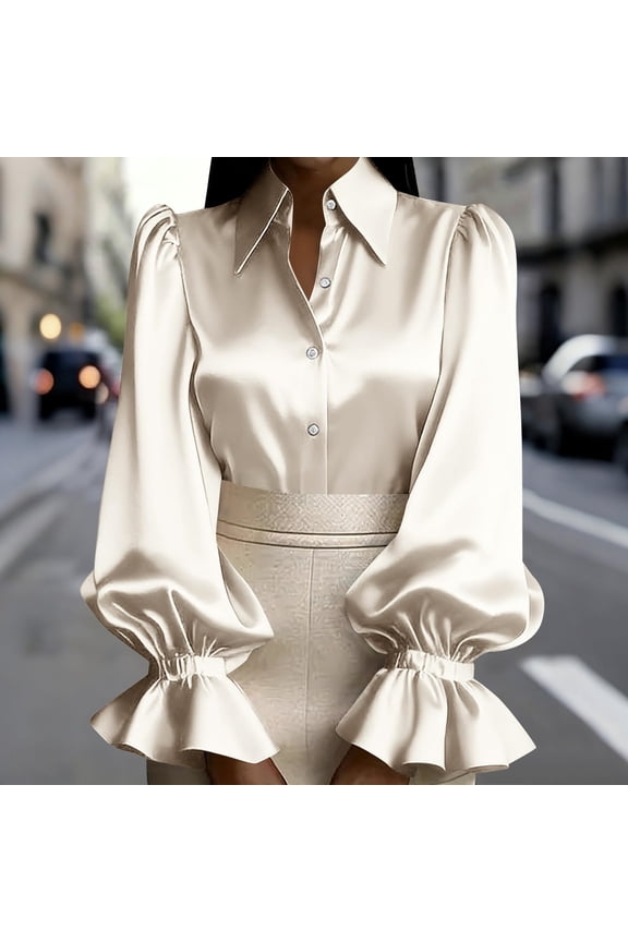 Women's Satin Collared Button Down Puff Sleeve Ruffled Flare Cuff Blouses, Elegant office Work Business Casual Tops - Beige L