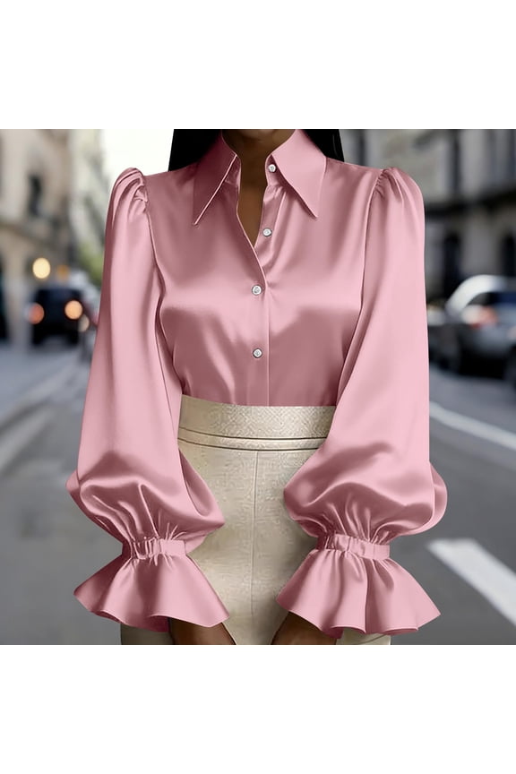 Women's Satin Collared Button Down Puff Sleeve Ruffled Flare Cuff Blouses, Elegant office Work Business Casual Tops - Pink L