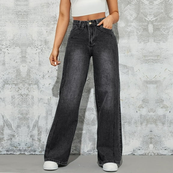 Cozyvia Women's Straight Leg Jeans Tummy Control Trendy High Waisted Stretchy Casual Denim Pants Baggy Trousers - Black M