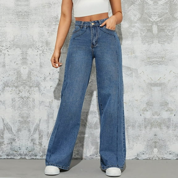 Cozyvia Women's Straight Leg Jeans Tummy Control Trendy High Waisted Stretchy Casual Denim Pants Baggy Trousers - Blue L
