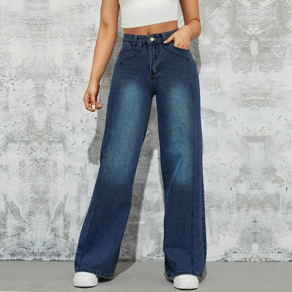 Cozyvia Women's Straight Leg Jeans Tummy Control Trendy High Waisted Stretchy Casual Denim Pants Baggy Trousers - Dark Blue M