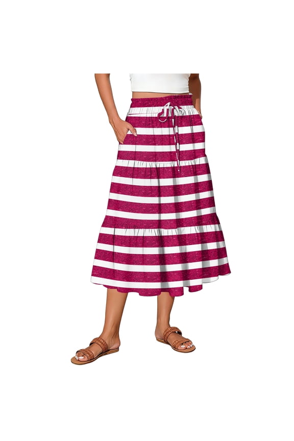 Women's Striped Skirt Full Length Checkered Boho Maxi Skirts Casual Loose Elastic High Waisted A Line Long Flowy Skirts - Watermelon Red XL