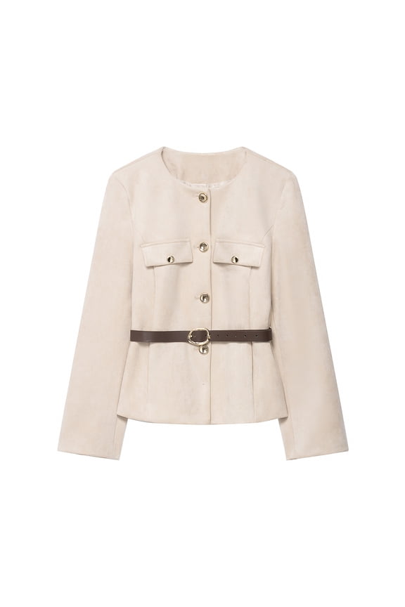 Women's Suede Blazer Coats O Neck Single Breasted Long Sleeve Faux Suede Jacket with Belt Casual Y2K Streetwear Winter Coat - Beige S