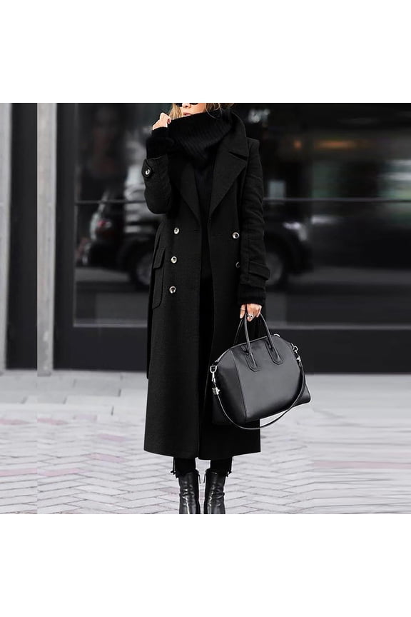 Women's Winter Double Breasted Wool Coat Elegant Notched Lapel Belted Maxi Long Pea Trench Coat - Black M