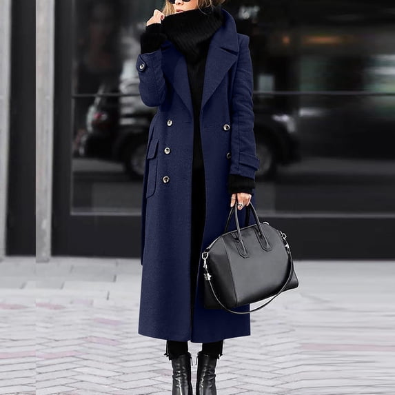 Cozyvia Women's Winter Double Breasted Wool Coat Elegant Notched Lapel Belted Maxi Long Pea Trench Coat - Navy XL