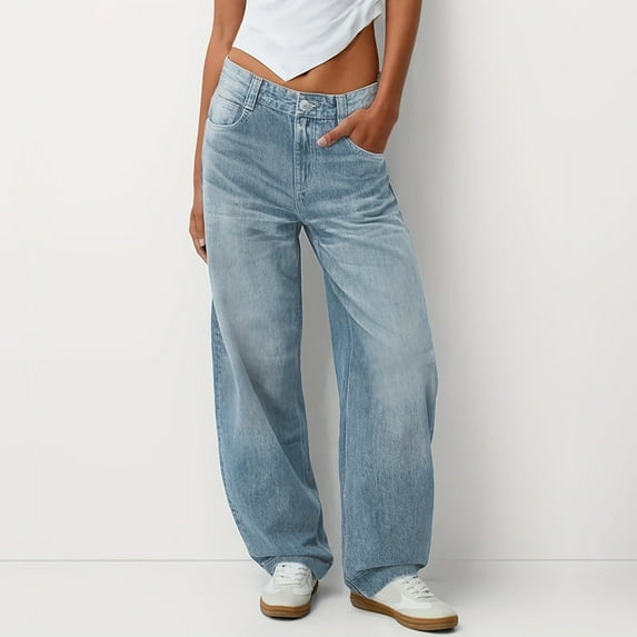 Cozyvia Women's Y2k Low Rise Baggy Jeans Washed Straight Wide Leg Denim Pants Casual Loose Vintage Fit Boyfriend Jeans Denim Pants - Light Blue L