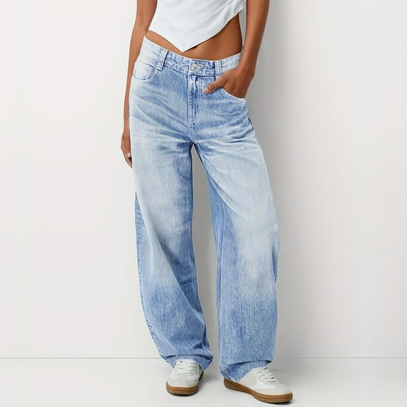 Cozyvia Women's Y2k Low Rise Baggy Jeans Washed Straight Wide Leg Denim Pants Casual Loose Vintage Fit Boyfriend Jeans Denim Pants - Sky Blue L