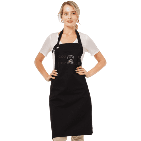 Cozyville Apron, Heavy Duty Cotton Canvas Chef Apron, Embroidered Grim Reaper Design, Adjustable Strap Grill Apron, BBQ Apron for Men, Cooking Apron for Women, 11.3-Oz (320 g) Black Color