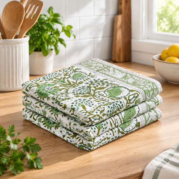 Cpc Agate Green Block Print Waffle Kitchen Towel Set Of 3-16x28 Inch