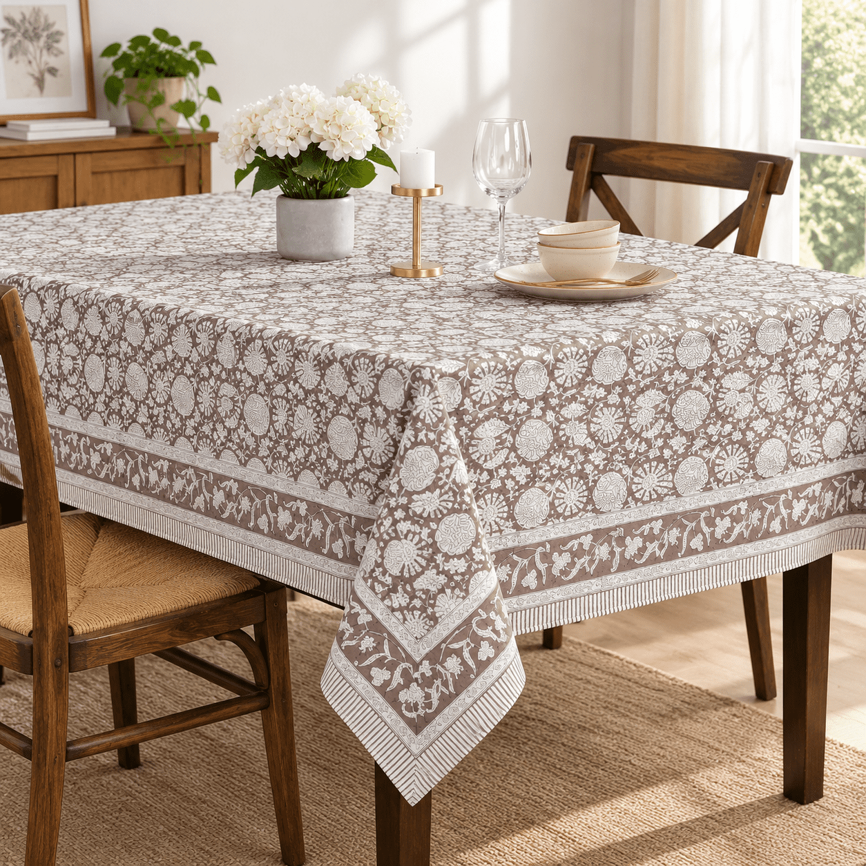 Cpc Rustic Brown Block Printton Rectangle Tablecloth 70x118 Inch ...