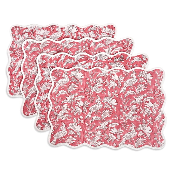 Cpcton Placemats Pink Cset Of 4-hand Block Printed Reversible Flower Scalloped & Embroidered Cloth Table Mats - 14 X 20 Inch Gift For Spring Mother's Day