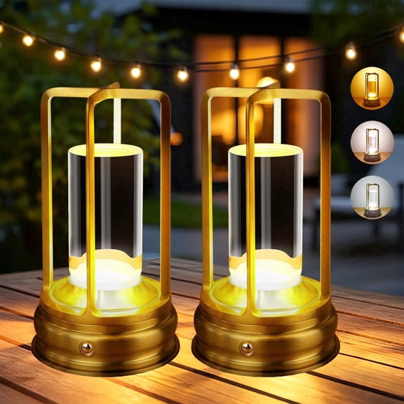 Cpeelsdo Cordless Metal Table Lamp, Rechargeable & Touch Control, 3-Color Stepless Dimming LED Atmosphere Lamp, for Camping, Patio, Bar (2-Pack, Gold)