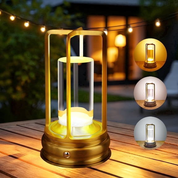 Cpeelsdo Cordless Metal Table Lamp, Rechargeable & Touch Control, 3-Color Stepless Dimming LED Atmosphere Lamp, for Camping, Patio, Bar (Gold)