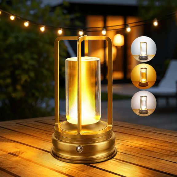 Cpeelsdo Cordless Metal Table Lamp, Rechargeable & Touch Control, 3-Color Stepless Dimming LED Atmosphere Lamp, for Camping, Patio, Bar (Gold)