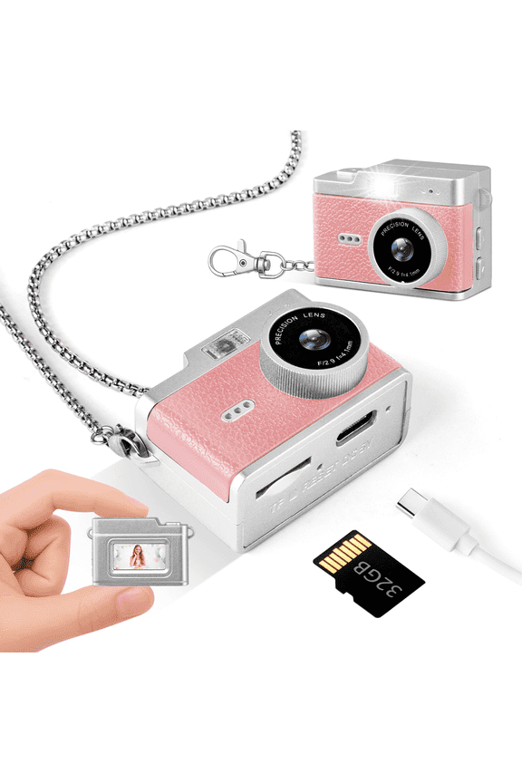 Pink Retro Keychain Camera for Teens & Adults, 1080P HD Mini Digital Camera with 32GB Card, 6 Filters - Portable Necklace Camera for Birthday Gifts