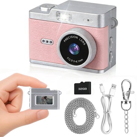 Cpeelsdo Pink Retro Keychain Camera for Girls & Women, 1080P HD Mini Digital Camera with 32GB Card, 6 Filters - Portable Necklace Camera for Birthday, Mother’s Day Gifts