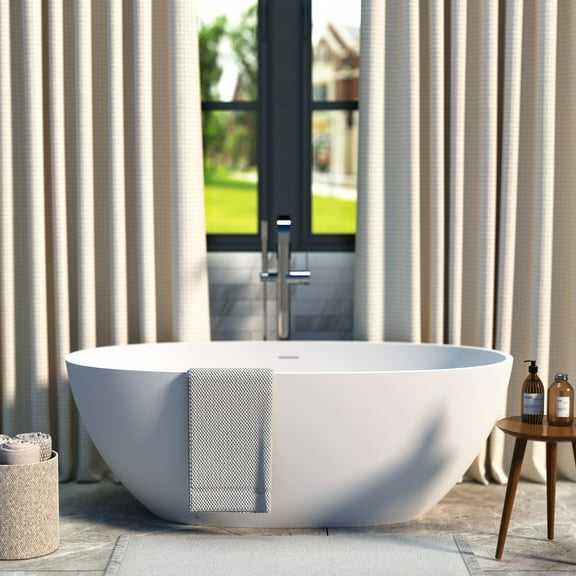 Cpingao 55" Freestanding Bathtub, Oval Shaped Stone Resin Freestanding Tubs, Solid Surface Matte White Soaking Tub with Overflow and Pop-up Drain