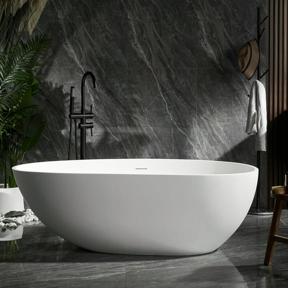 Cpingao Solid Surface Freestanding Bathtub 71 inch, Egg Shell Shaped Stone Resin Freestanding Tubs, Contemporary Oval Soaking Tub with Overflow and Pop-up Drain, Matte White 8802-1800