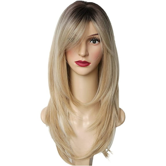 Cptfadh European And American Intellectual Wig Golden Color Mixed Color Headgear Eight Character Bangs Medium Long Texture Straight Hair Wig