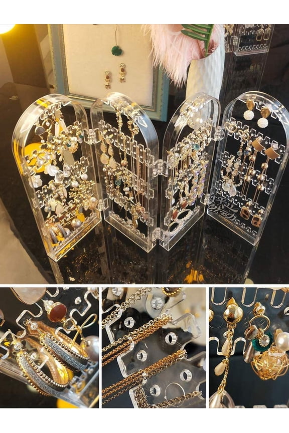 Cq acrylic 256 Holes Acrylic Earrings Holder for Women,4 Doors Foldable Screen Necklace Display Rack,Hanging Jewelry Organizer Double Sided Stand Display,Clear
