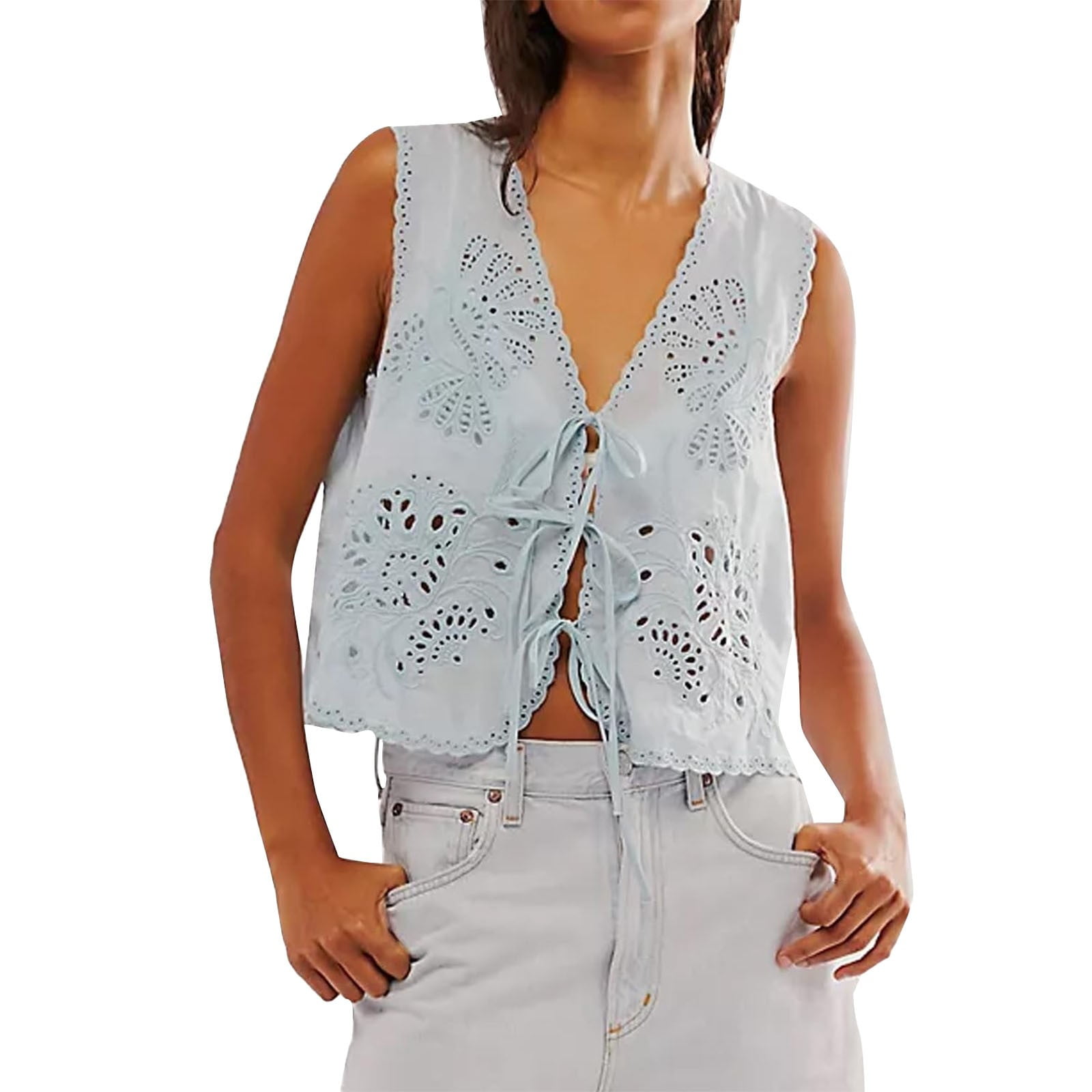 Cqxid Clearance Women’s Sleeveless T-Shirts Women Tie Front Vest Floral ...